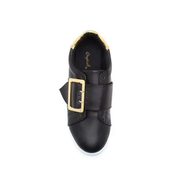 NWOB Qupid Loafer Big Buckle Black Faux Leather Casual Flats Shoes Womens Size 6 - Picture 2 of 3